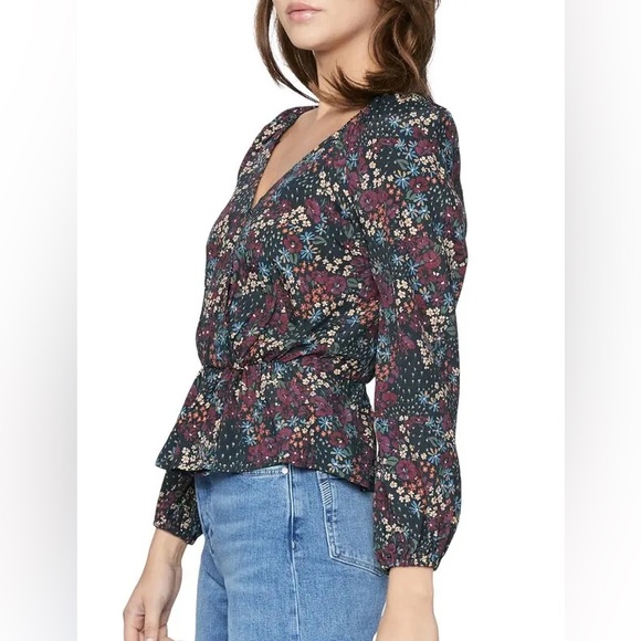 PAIGE Floral Faux Wrap Peplum Blouse Sweetheart Neck Size Large - Picture 6 of 13